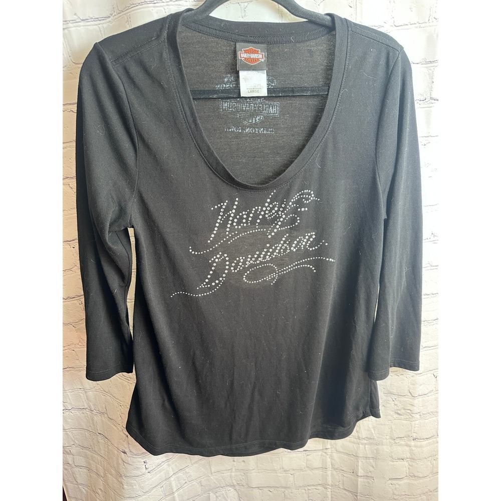 Harley Davidson Rhinestone Top 3/4 Sleeve V Neck Biker Tee Large